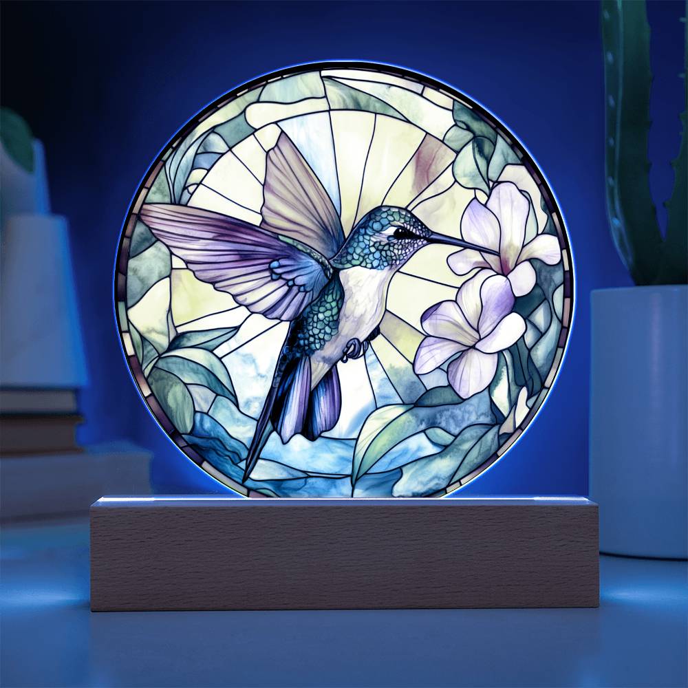 Hummingbird LED Plaque - Faux Stained Glass Acrylic Light with Soft Glow