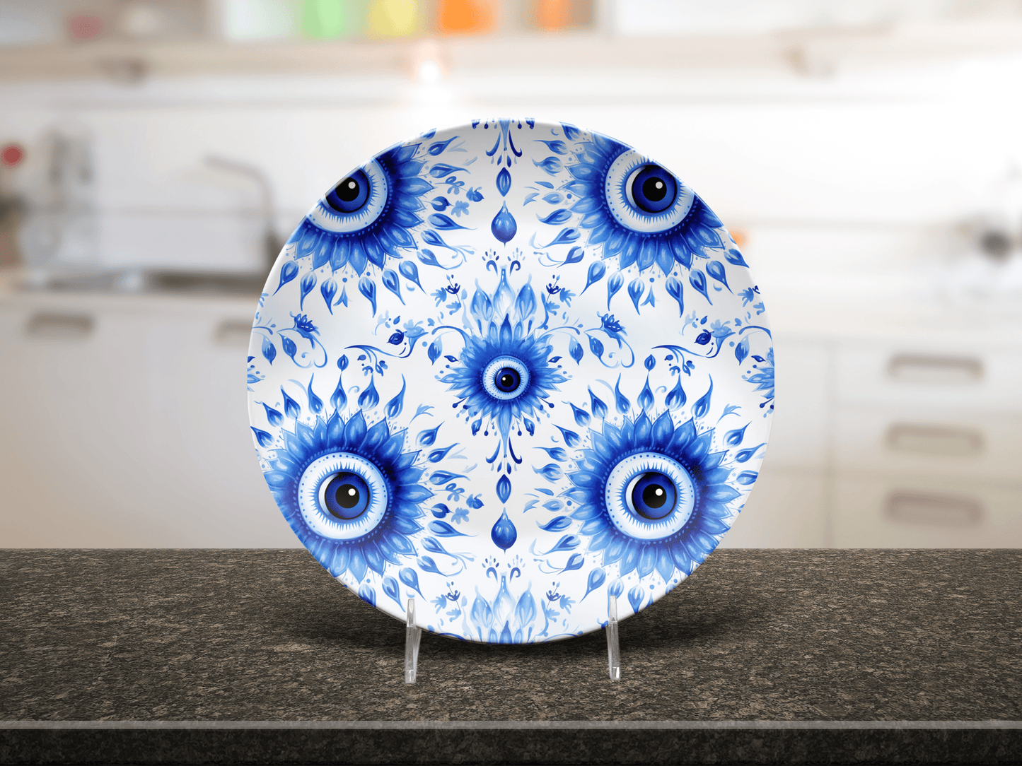 Evil Eye Housewarming Party Plates Gift, Blue White Eyeballs Unbreakable Set of 8 Plates, Quirky Hostess Gift Made in the USA Dinnerware,