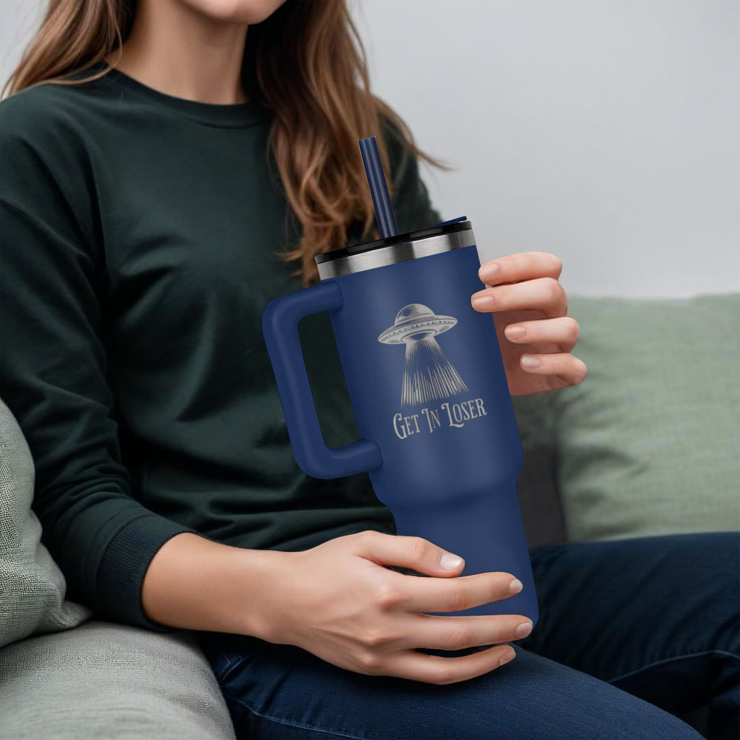 Get in Loser Alien Spaceship Laser engraved 40oz Tumbler, Funny Insulated Mug with Straw, Nerd Humor UFO Flying Saucer, Sci-Fi Fan Gift Mug