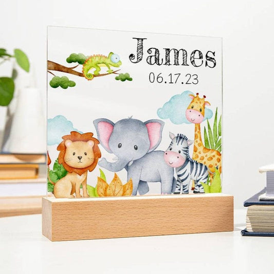 Custom Safari Animal Nursery Decor  - LED Acrylic Plaque, Name and Birthday First Birthday Present, Cute LED Light Up Acrylic Square Nursery Night Light