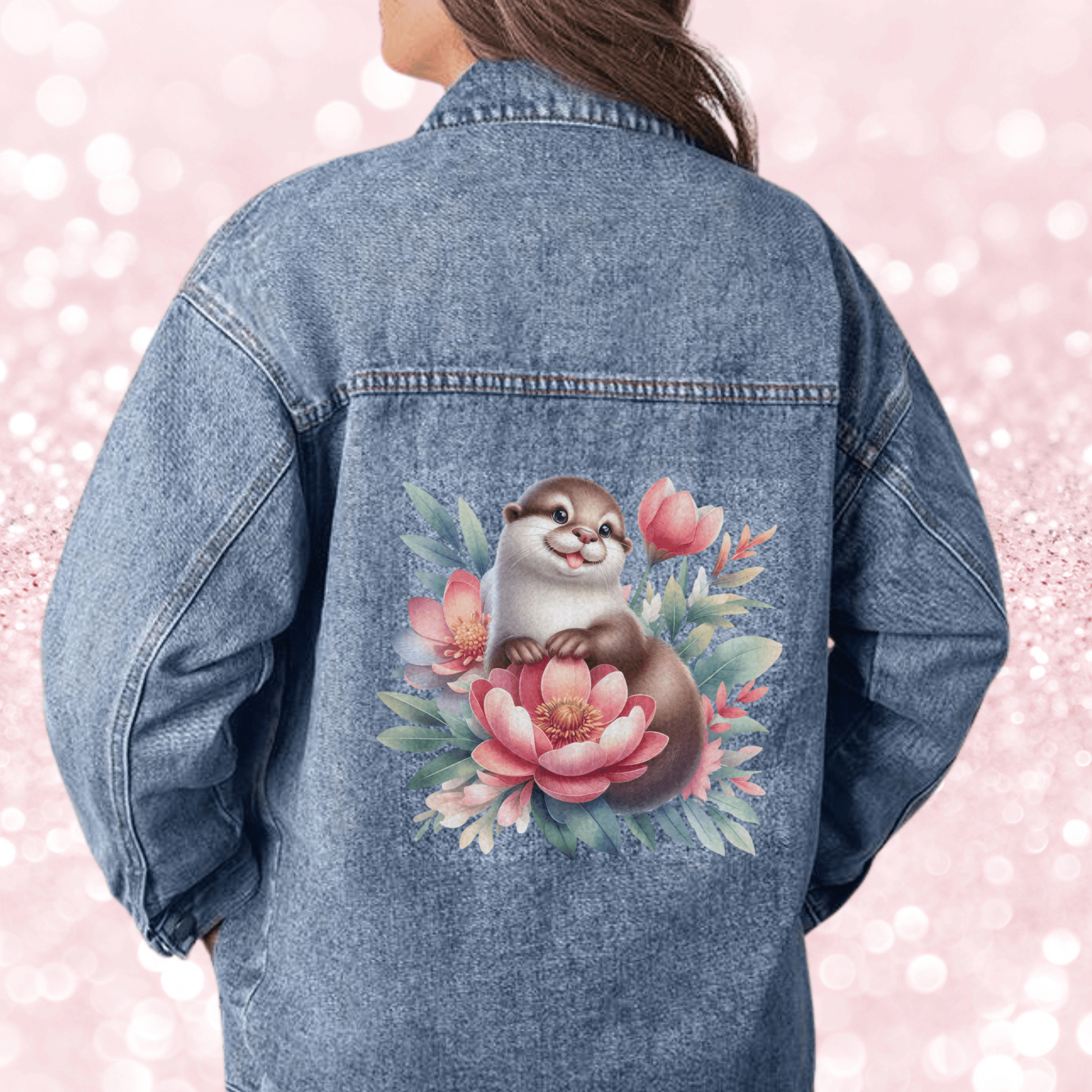 Cute Otter Floral Jean Jacket - Oversized Women's 90s Denim Jacket Jean Jacket Cute Otter