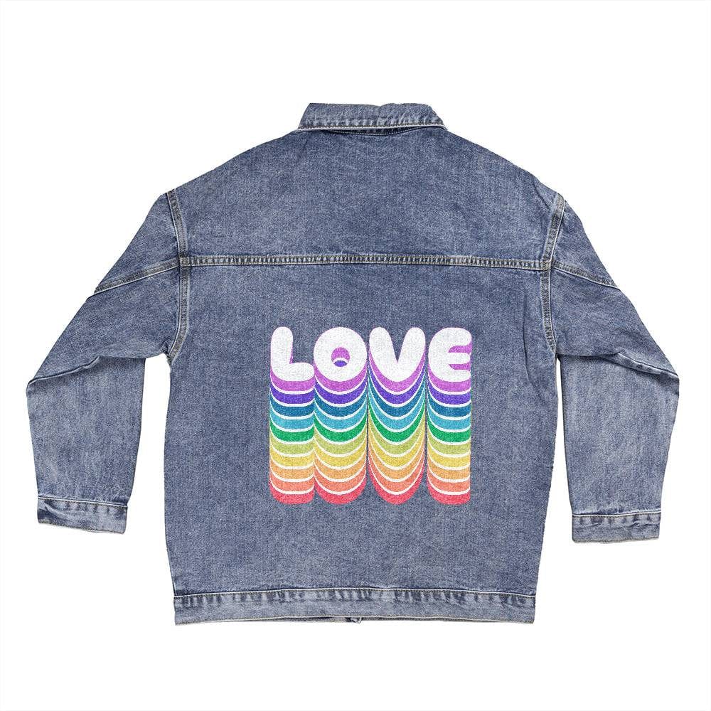 Pride Month Rainbow Love Oversized Women's Denim Jacket, Retro Gay Pride Rainbow, Love is Love 90s Jean Jacket, Happy Pride Month LGBTQIA+