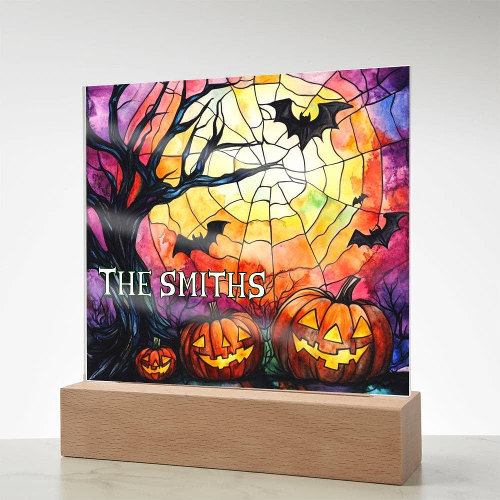 Custom Faux Stained Glass Halloween LED Light Up Acrylic Square Plaque, Personalized Halloween Decor Sign, Family Name Gift Lighted Sign