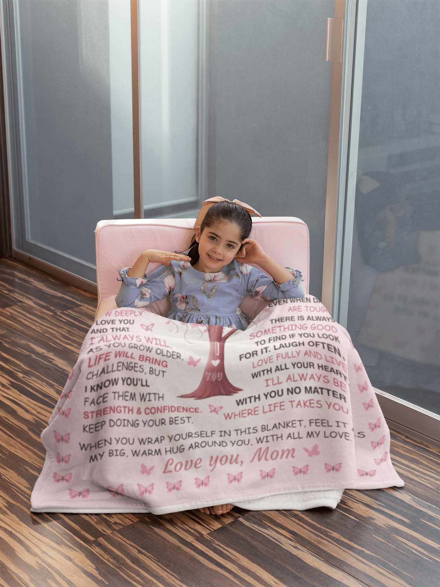 To my Daughter Gift From Mom, Mother to Daughter Pink Butterflies Throw, I Love You Blossom Tree Velveteen Plush Baby Girl Blanket, 60 x 80"