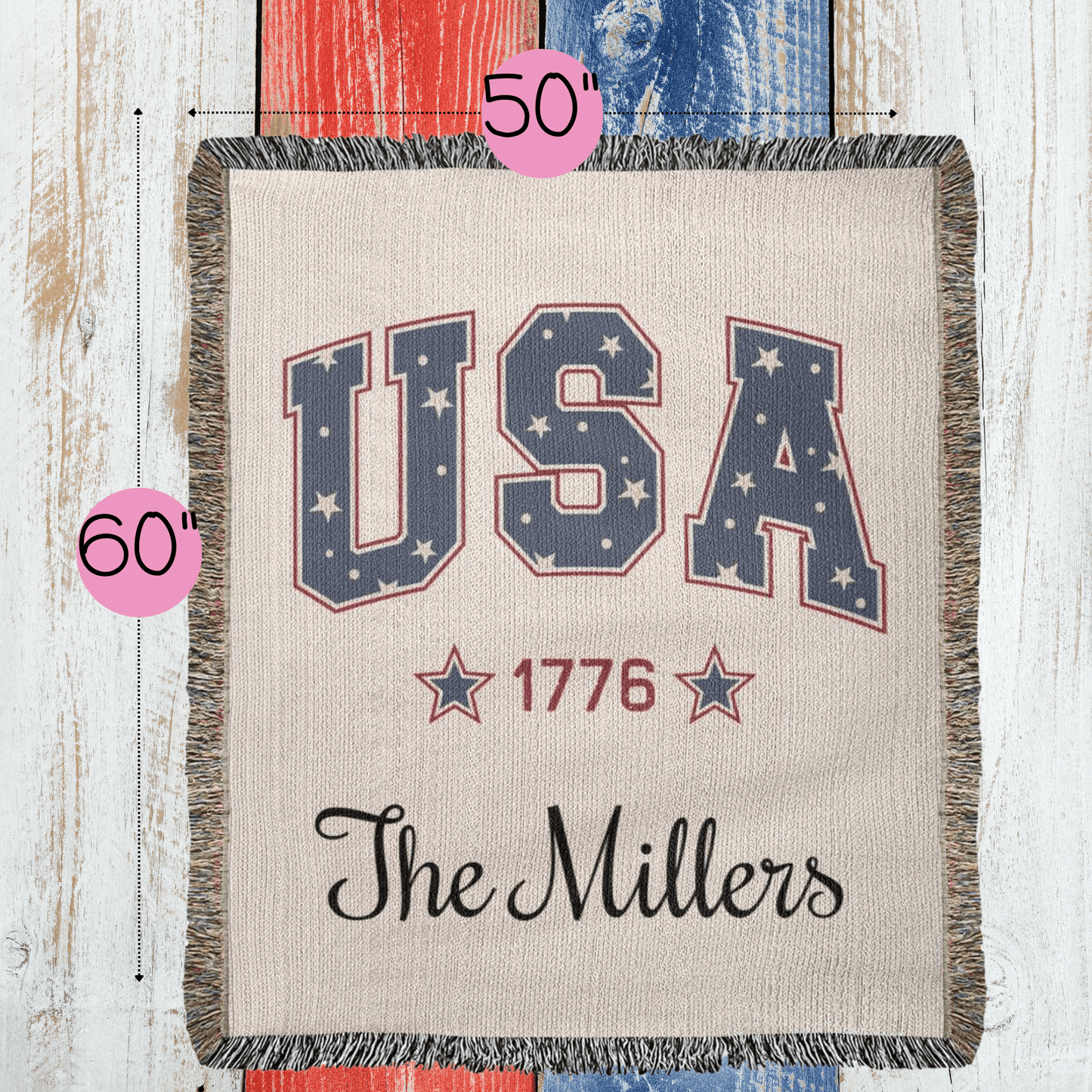 Custom Independence Day Stars and Stripes Heirloom Woven Blanket, Personalized Family Name 1776 Fireworks Watching Cozy Throw