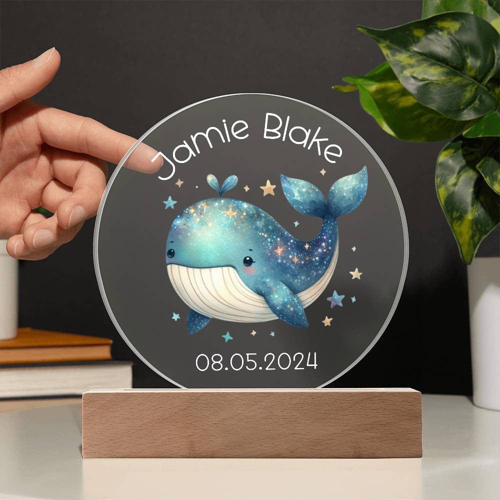 Custom Whale Acrylic Circle LED Plaque Nightlight for Baby's Nursery, Personalized Name Birthday Toddler Light Up Ocean Baby Room Decor