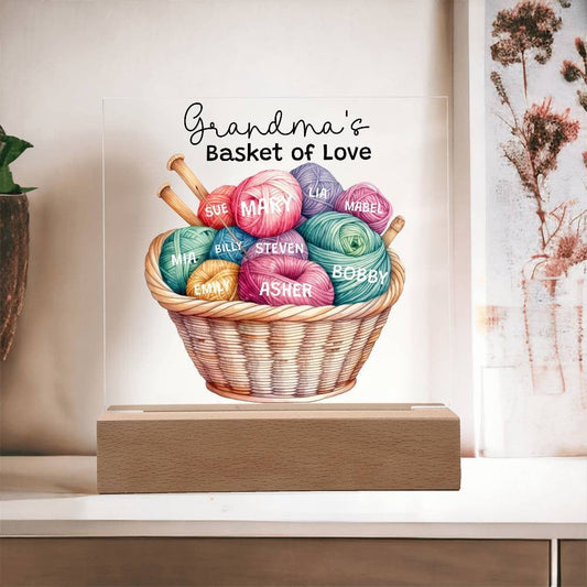 Grandma Birthday Gift Customized Grandkids Names, Knitting Balls of Yarn Acrylic Square Light Up Plaque, Gift for Grandmother Mother's Day