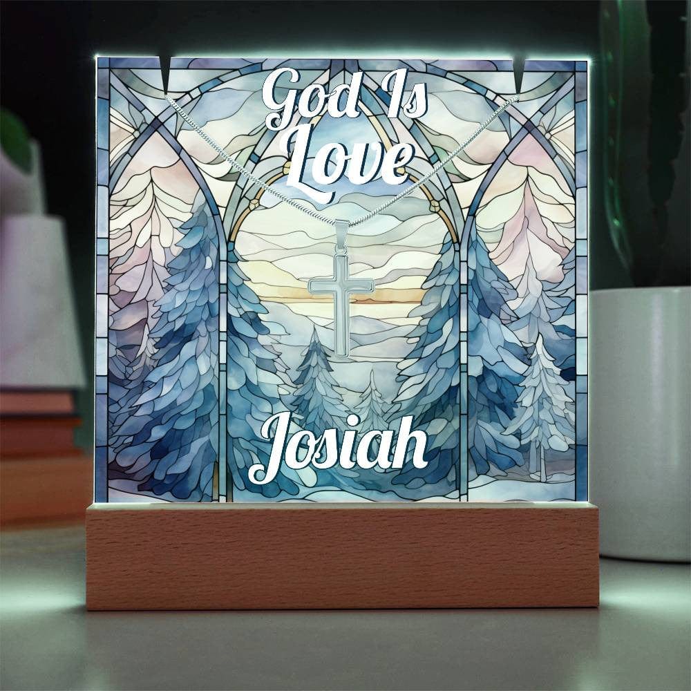 God Is Love Custom LED Acrylic Plaque Unisex Cross Necklace Bundle, Christian Religious Gift, Faux Stained Glass Light Up Desk Plaque Cross