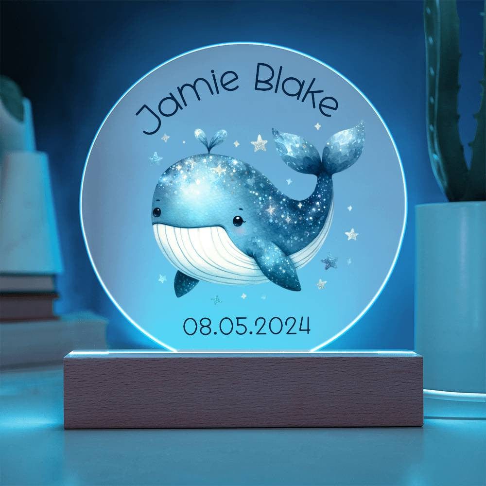 Custom Whale Acrylic Circle LED Plaque Nightlight for Baby's Nursery, Personalized Name Birthday Toddler Light Up Ocean Baby Room Decor