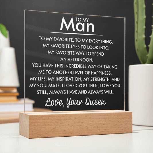 To My Man Father's Day Gift to Husband from Your Queen, Boyfriend Birthday Acrylic Square Plaque, Favorite Person LED Desk Plaque