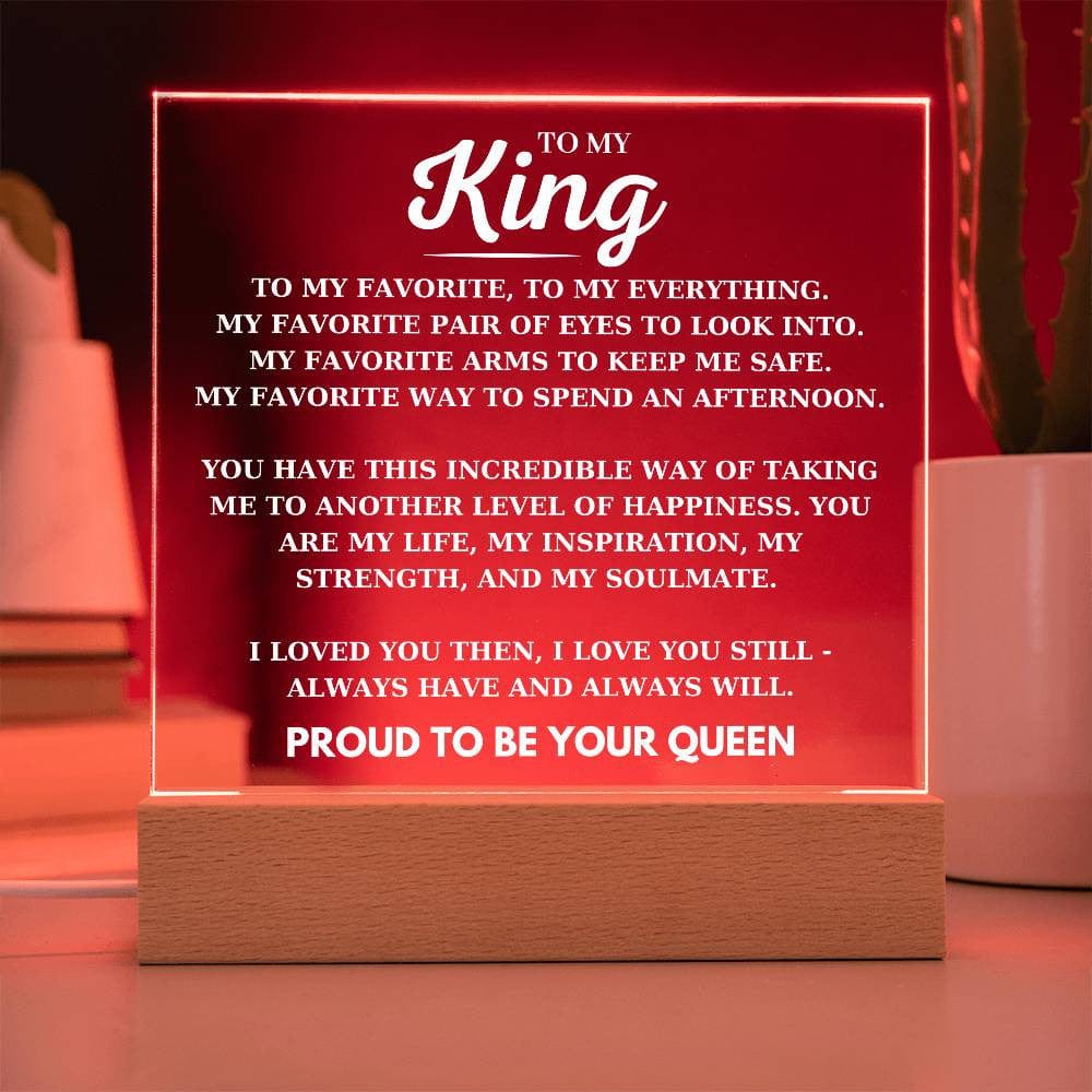 To My King Desk Plaque from Your Proud Queen, Boyfriend Birthday Acrylic Square Plaque, Husband Favorite Person LED Light Up Desk Plaque