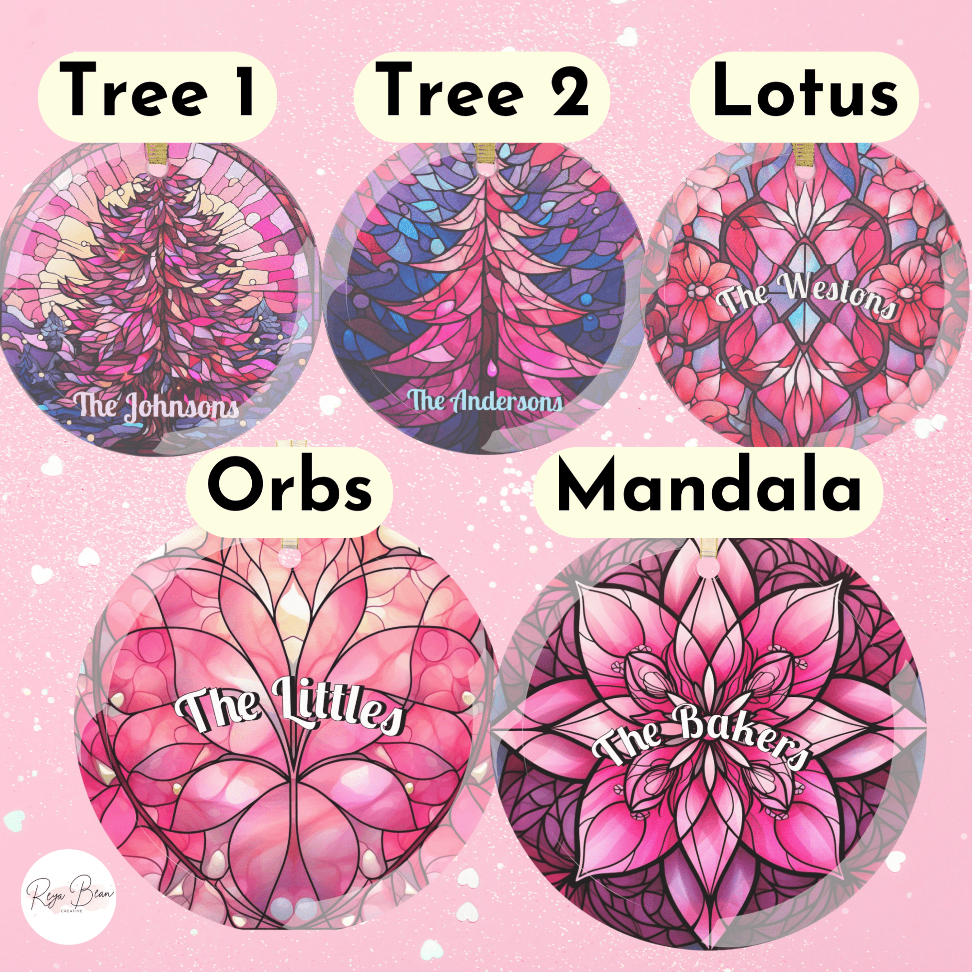 Personalized Pink Christmas Faux Stained Glass Ornaments, Custom Name Holiday Tree Decor, Pastel Pink Mandala Tree Ornament Stocking Stuffer