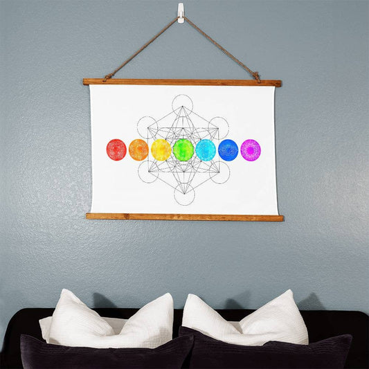 Chakras Spiritual Wall Art Metaphysical, Metatron's Cube Sacred Boho Wood Framed Hanging Tapestry, Rainbow Yoga Studio Decor Mindfulness Art