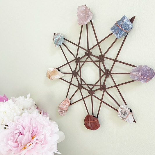 Sacred Geometry Wall Art - Wire-wrapped Raw Chakra Crystals - One of a Kind Crystal Grid 12"
