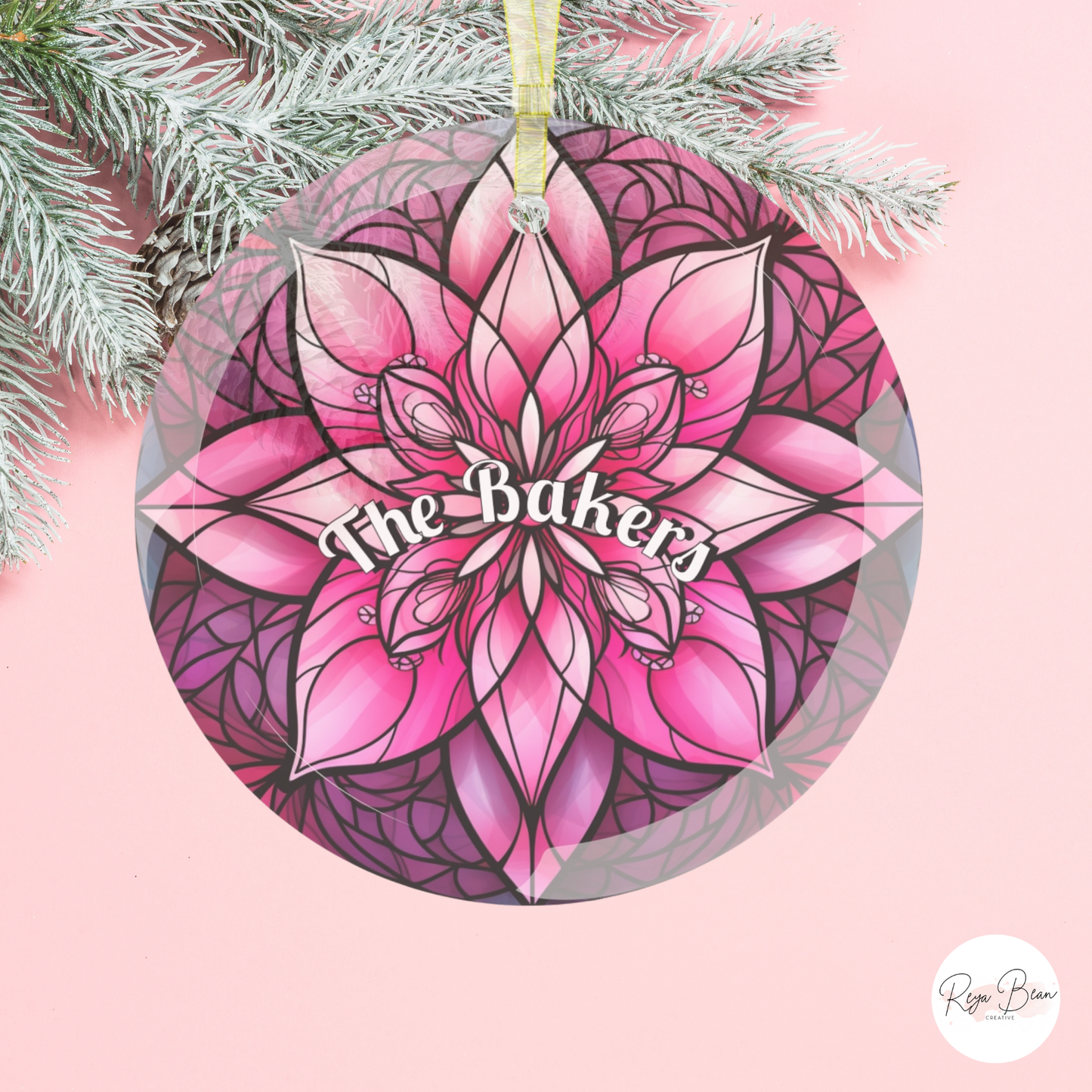 Personalized Pink Christmas Faux Stained Glass Ornaments, Custom Name Holiday Tree Decor, Pastel Pink Mandala Tree Ornament Stocking Stuffer