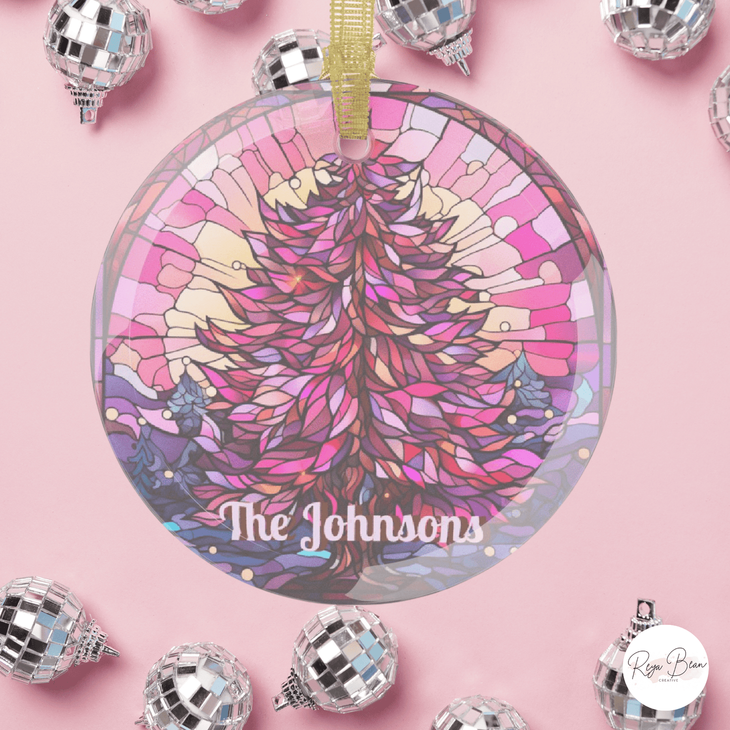 Personalized Pink Christmas Faux Stained Glass Ornaments, Custom Name Holiday Tree Decor, Pastel Pink Mandala Tree Ornament Stocking Stuffer