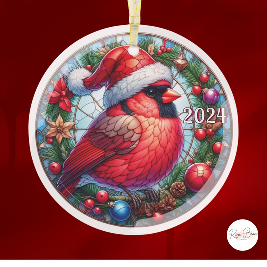 Faux Stained Glass Cardinal Christmas Ornament, Bird Lover Holiday Tree Decor, Custom Year Memorial Keepsake Cardinal Lover Glass Ornament