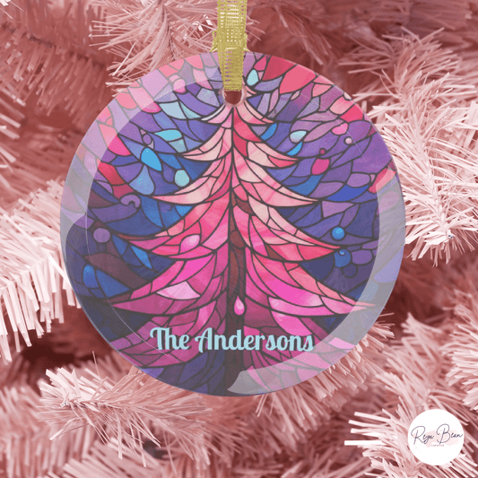 Personalized Pink Christmas Faux Stained Glass Ornament (5 Designs)