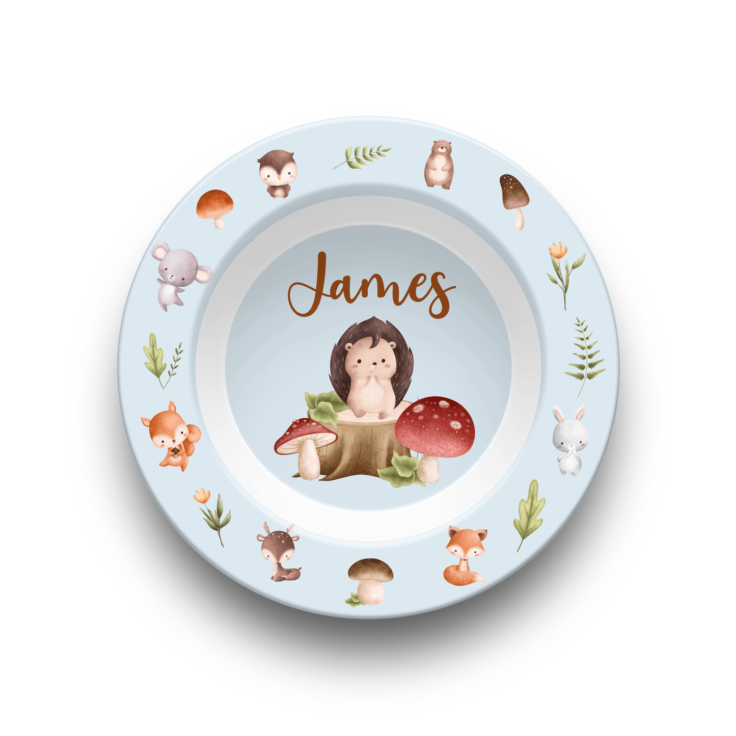 Custom Woodland Animals BPA-Free Kids Dinnerware Set - Plate Bowl Placemat Fork and Spoon