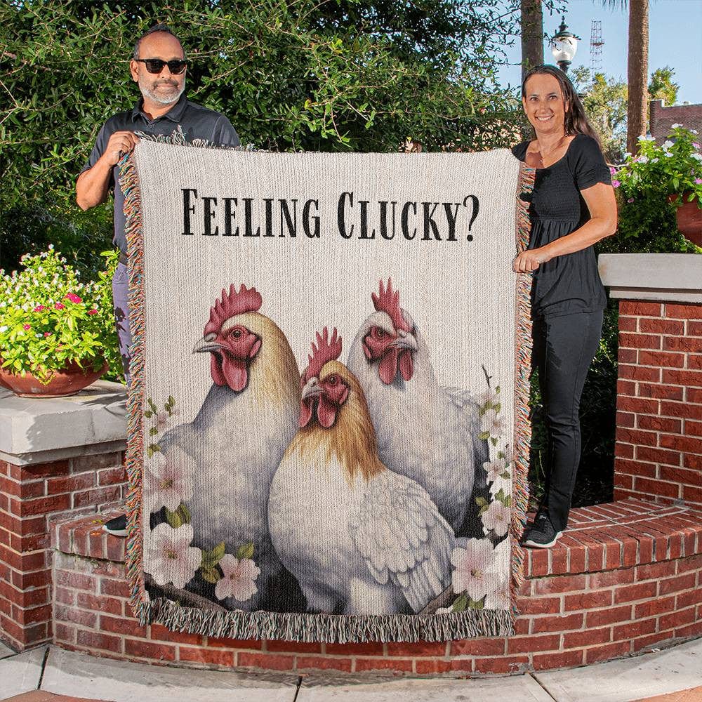 Funny Feeling Clucky Three Chicken Heirloom Woven Blanket, Homestead Gift Farm Chicken Lover Throw Blanket, Cotton Farmhouse Couch Decor