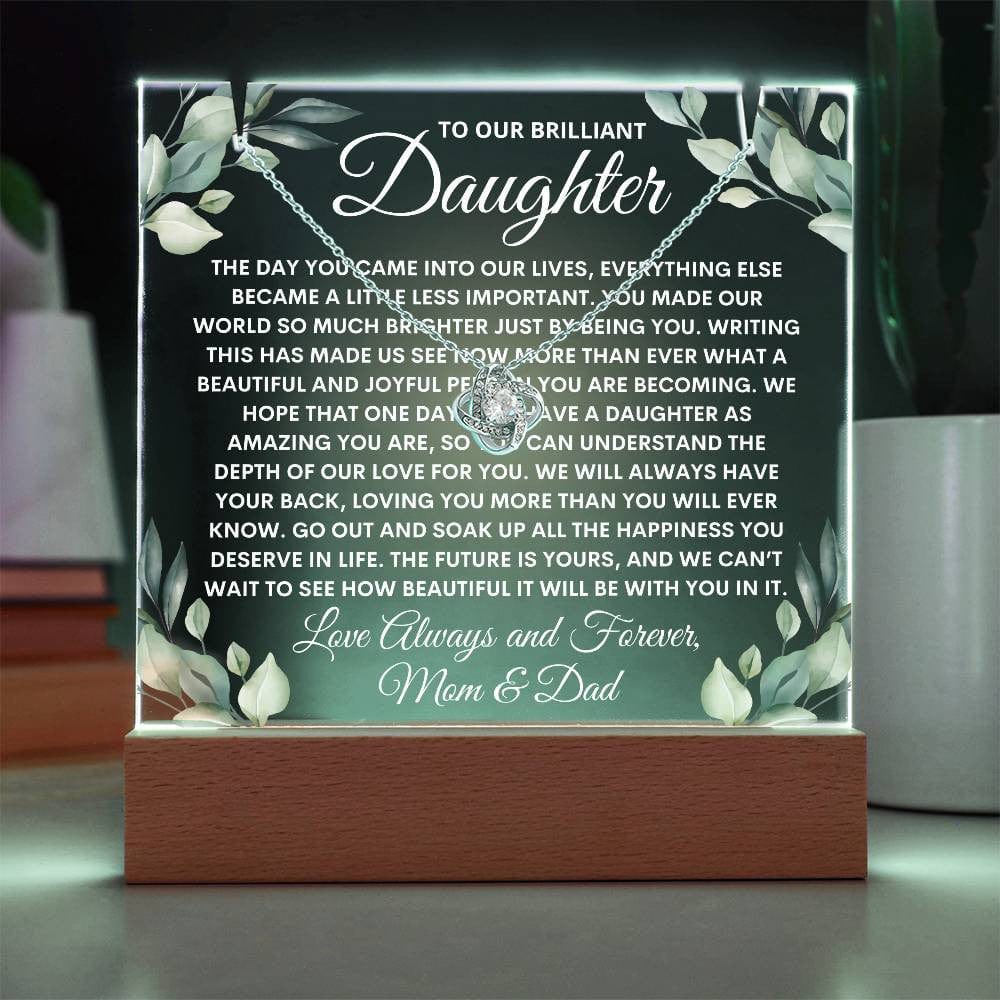 Letter to Daughter Light Up Acrylic Plaque Necklace Bundle, Greenery Love Knot Necklace Keepsake Acrylic, Daughter Birthday Night Light Gift