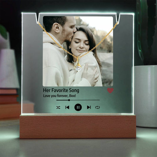 Custom Song Acrylic Plaque for Her, Personalized Photo Keepsake Bundle Alluring Beauty Necklace and LED Night Light Jewelry Holder for Girlfriend