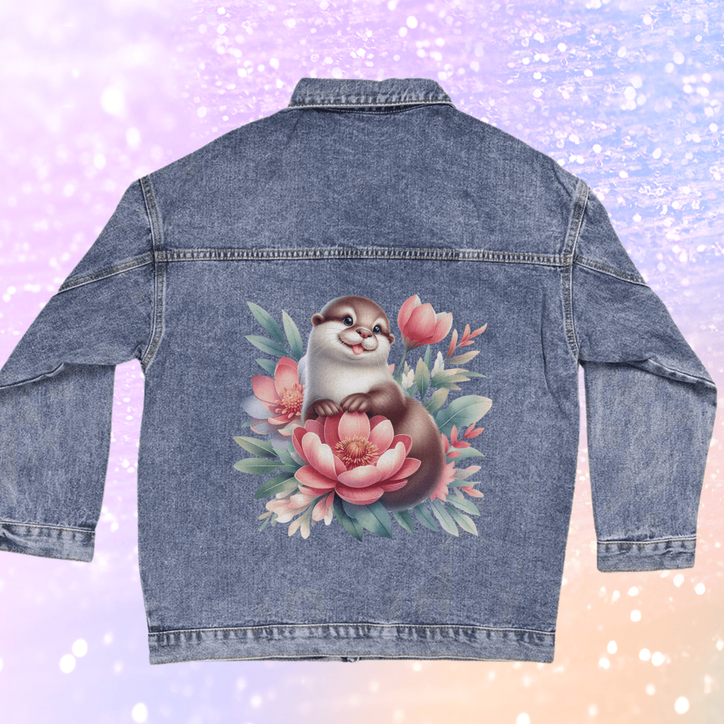 Cute Otter Floral Jean Jacket - Oversized Women's 90s Denim Jacket Jean Jacket Cute Otter