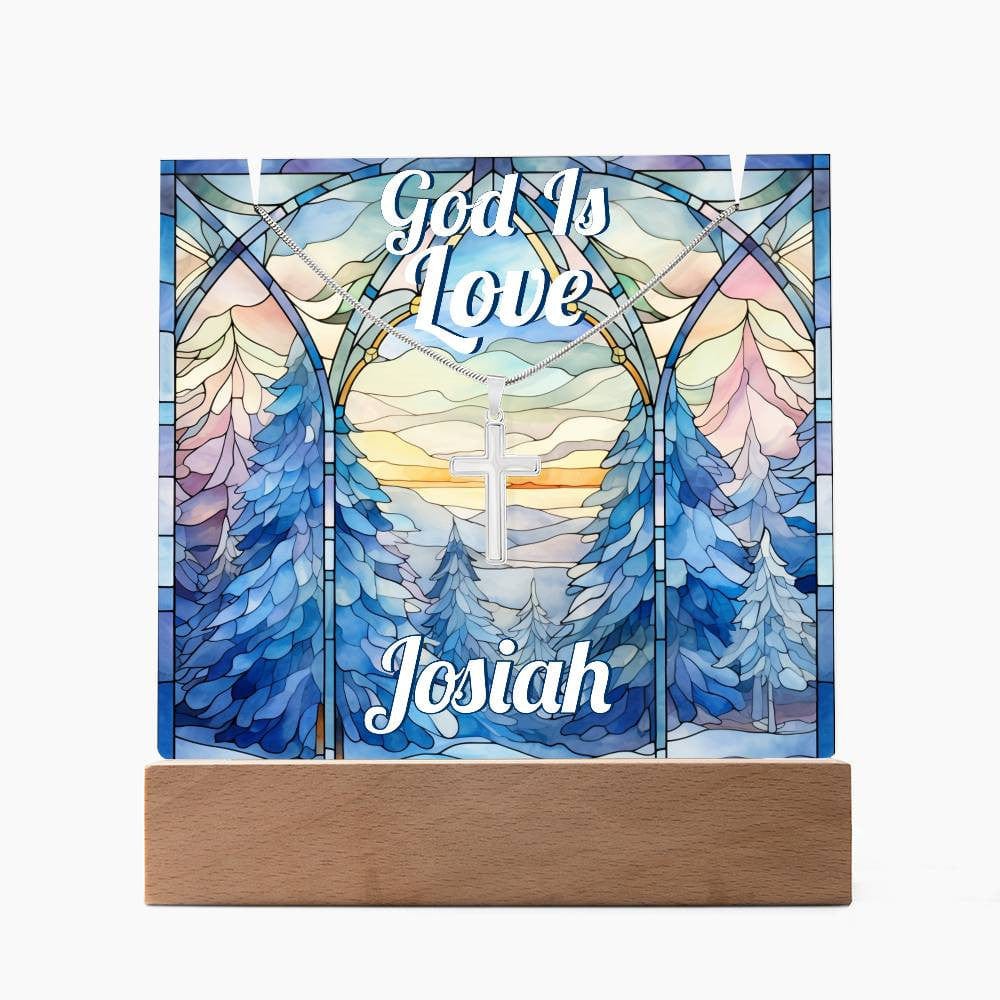 God Is Love Custom LED Acrylic Plaque Unisex Cross Necklace Bundle, Christian Religious Gift, Faux Stained Glass Light Up Desk Plaque Cross