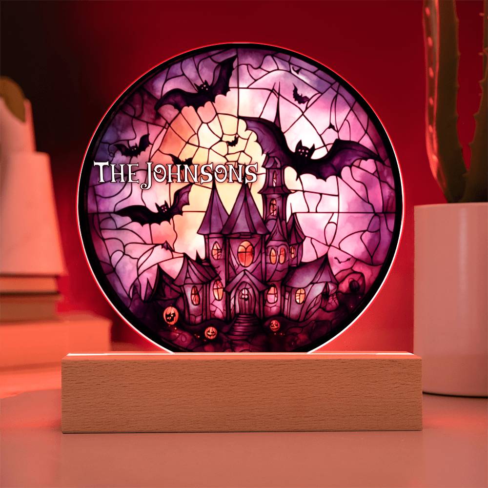 Custom Name Halloween Decoration Light Up Round Acrylic Plaque, Goth Party Light LED, Skull Haunted House Bats Witch Faux Stained Glass