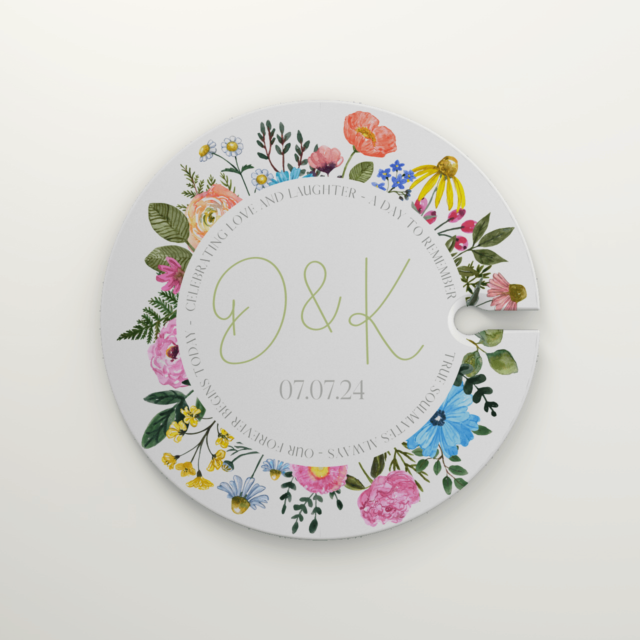 Custom Couple's Initials Bright Floral Wedding Cocktail Hour Appetizer & Wine Glass Holder Plate