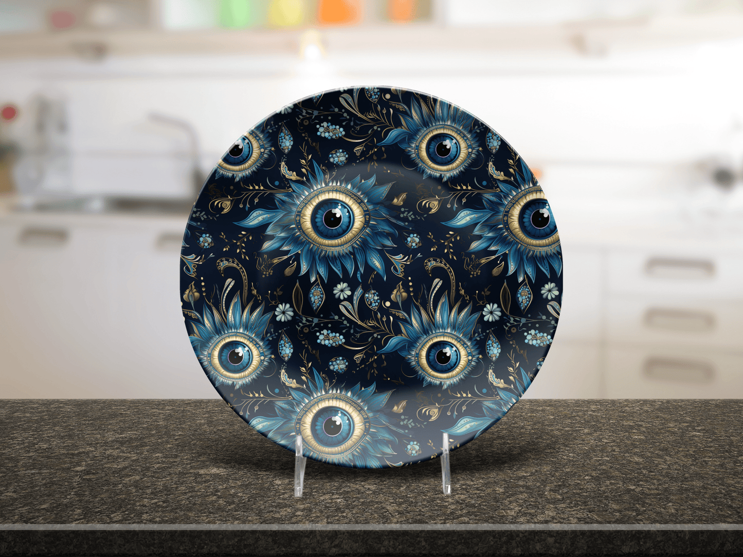 Evil Eye Housewarming Party Plates Gift, Blue White Eyeballs Unbreakable Set of 8 Plates, Quirky Hostess Gift Made in the USA Dinnerware,