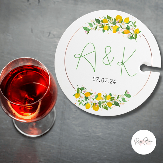 Custom Bright Floral Wedding Cocktail Hour Appetizer Wine Glass Holder and Lemon Wreath Food Plate, Personalized Wedding Date and Couple's Initials, Unique Couple Gift Wedding Day