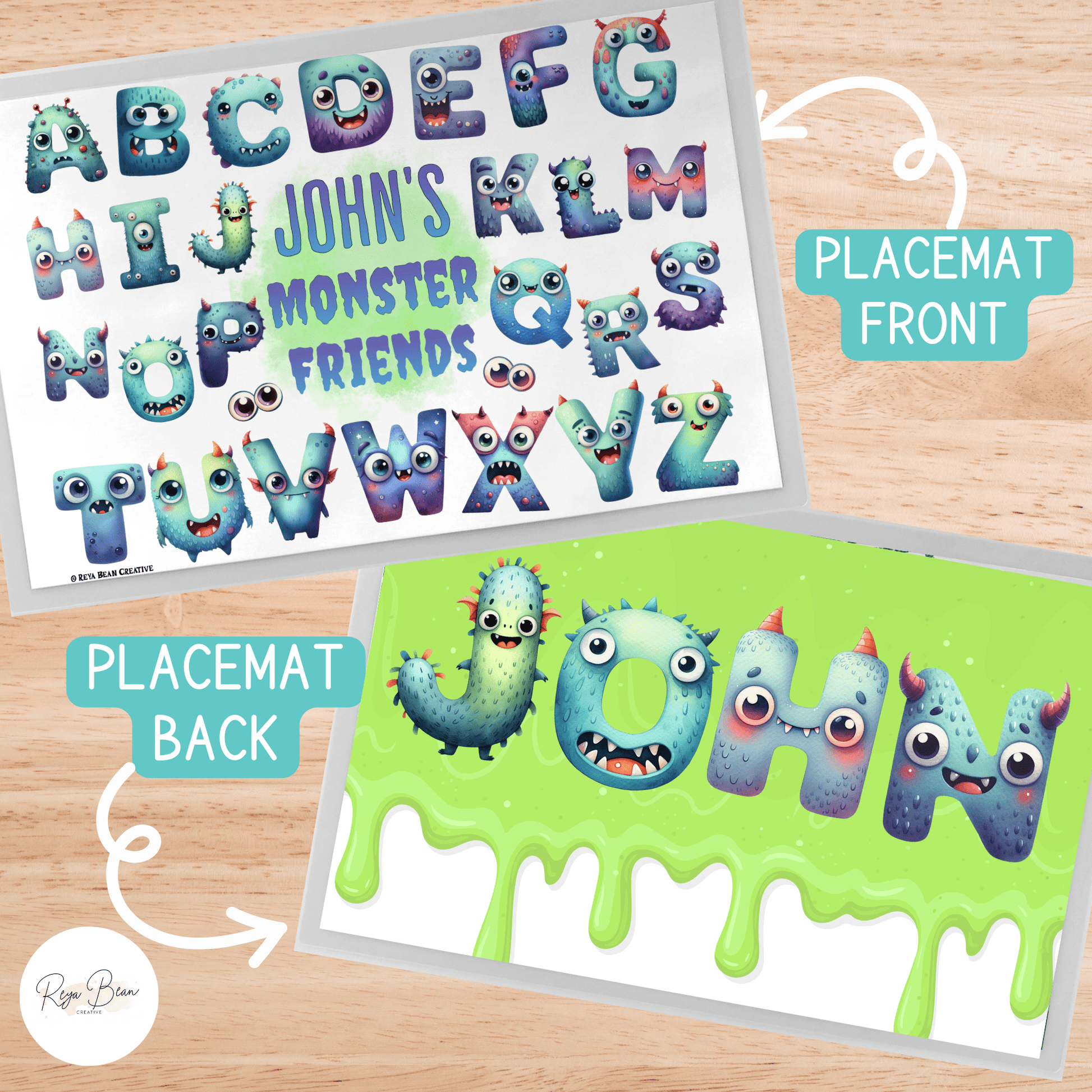 Custom Cute Monster Alphabet BPA-Free Dinnerware Set - Plate Bowl Placemat Fork and Spoon 