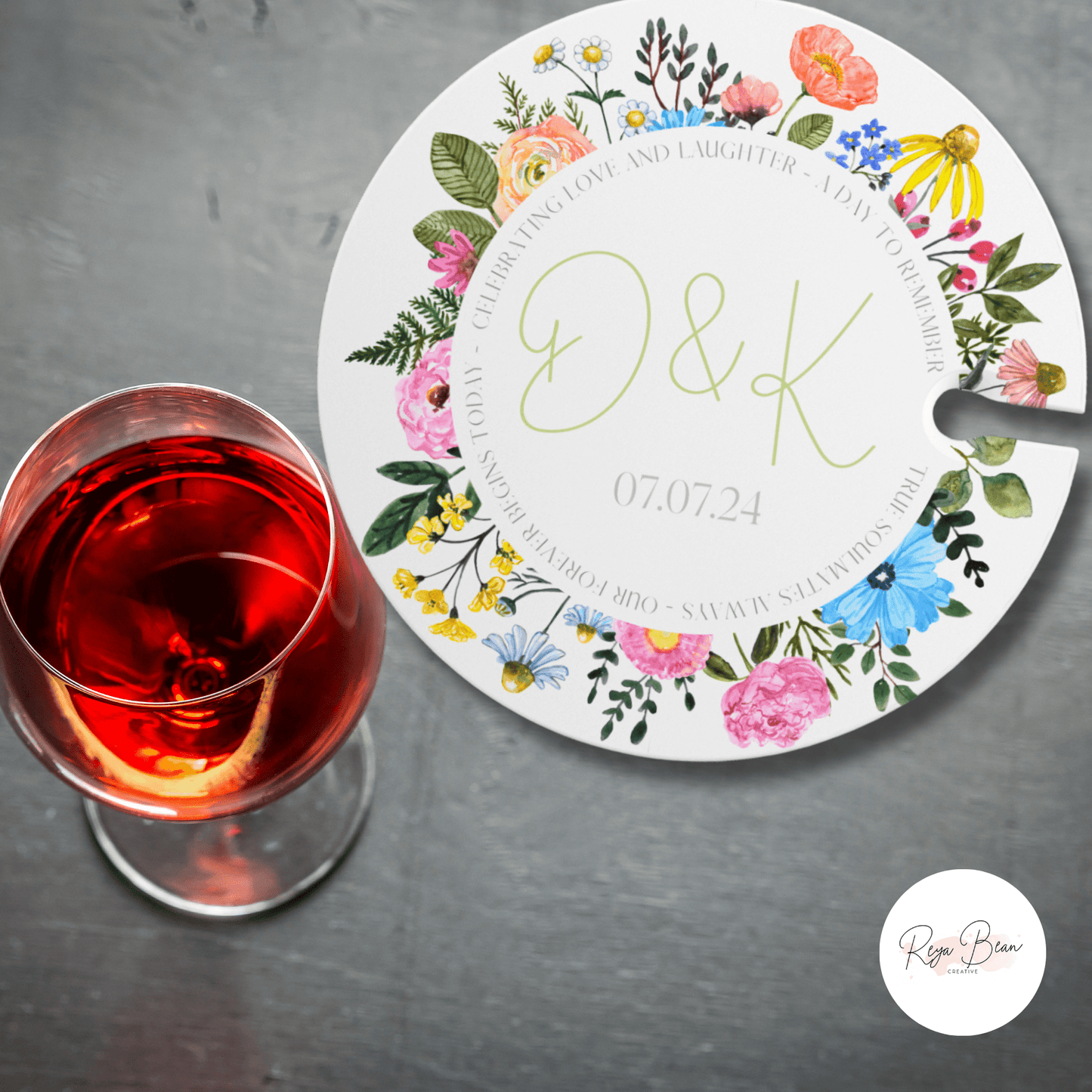 Custom Bright Floral Wedding Cocktail Hour Appetizer Wine Glass Holder and Food Plate, Personalized Wedding Date and Couple's Initials, Unique Couple Gift Wedding Day