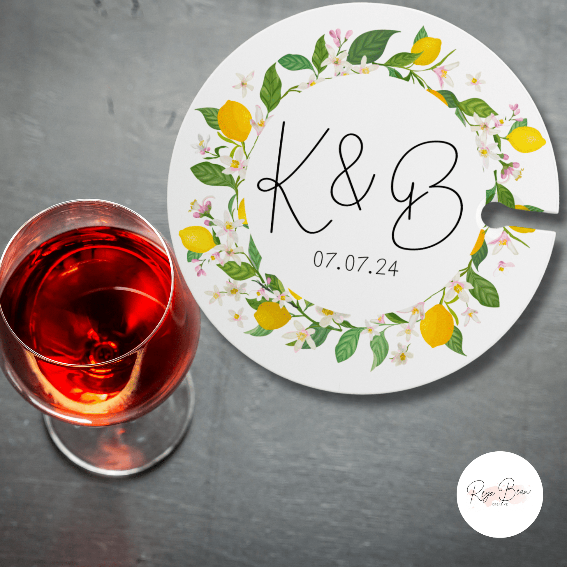 Custom Bright Floral Wedding Cocktail Hour Appetizer Wine Glass Holder and Lemon Wreath Food Plate, Personalized Wedding Date and Couple's Initials, Unique Couple Gift Wedding Day