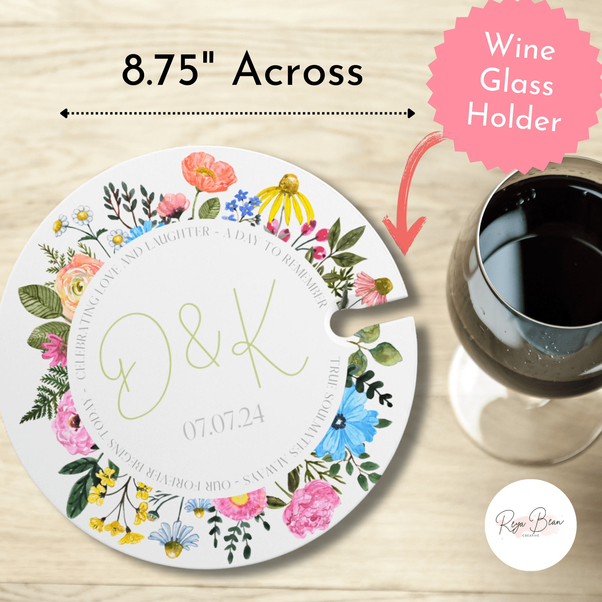 Custom Bright Floral Wedding Cocktail Hour Appetizer Wine Glass Holder and Food Plate, Personalized Wedding Date and Couple's Initials, Unique Couple Gift Wedding Day