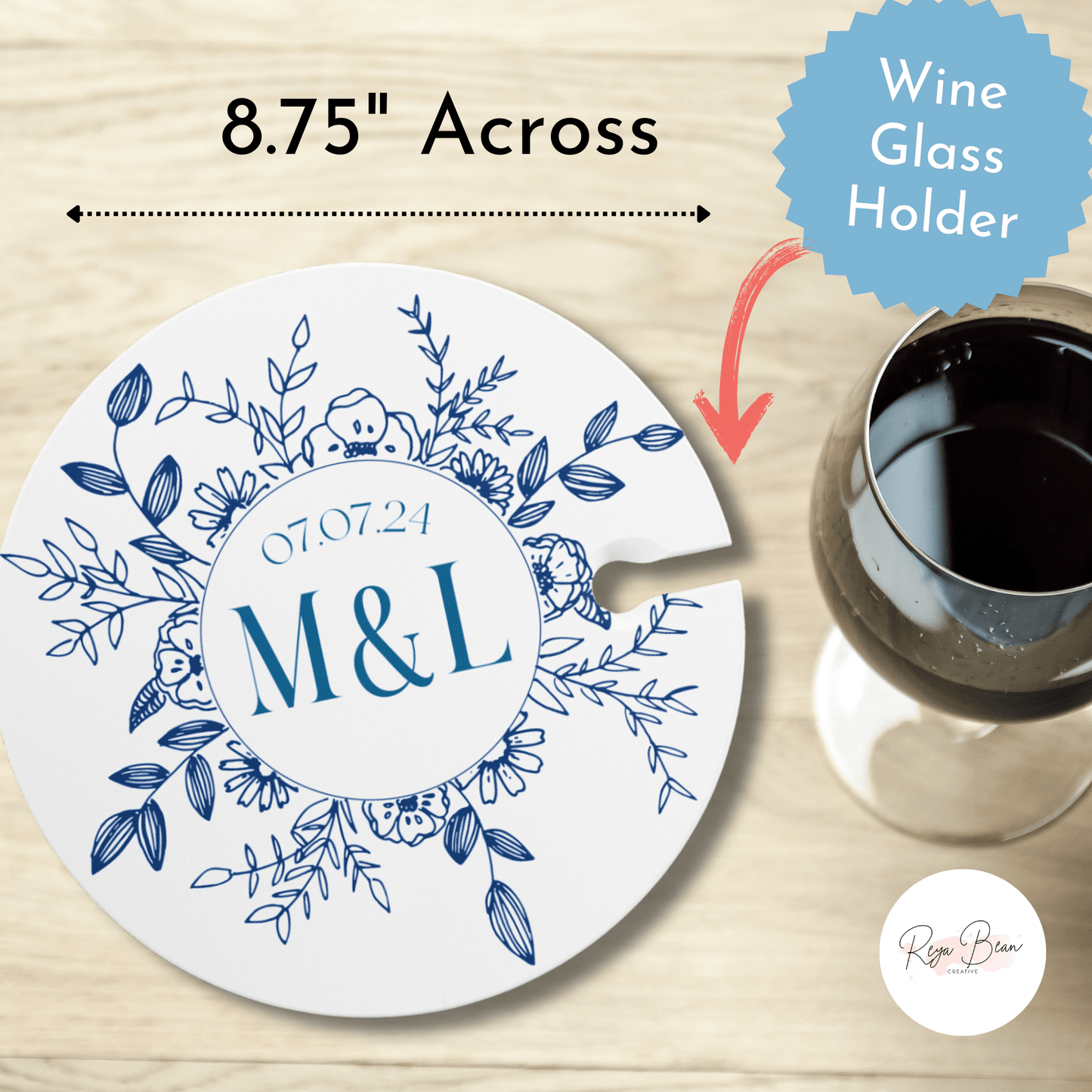 Wedding Cocktail Plate Custom Appetizer Wine Glass Holder One Hand Plate, Personalized Wedding Date Couple's Initials, Anniversary Gift Couple