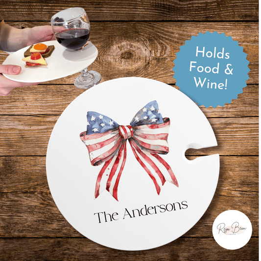 Custom 4th of July Wine and Appetizer Plate, Personalized Family Name Independence Day Party Plate, Coquette Red White and Blue