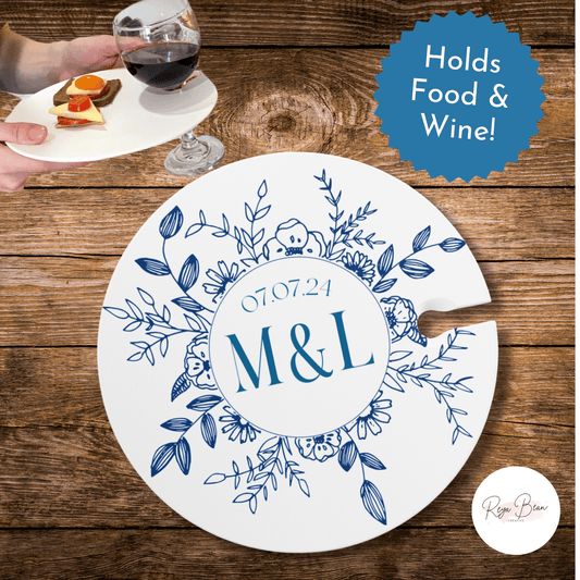 Wedding Cocktail Plate Custom Appetizer Wine Glass Holder One Hand Plate, Personalized Wedding Date Couple's Initials, Anniversary Gift Couple