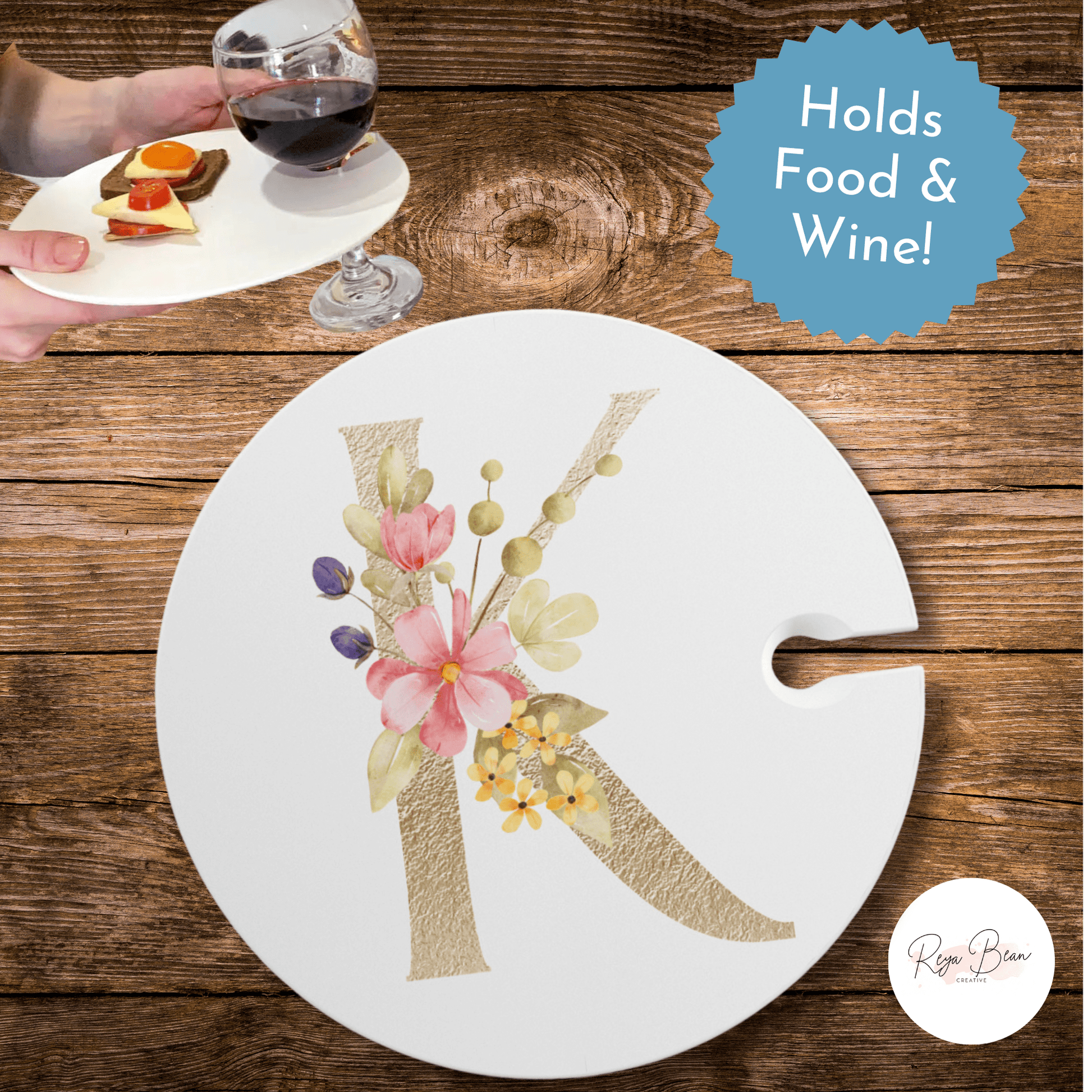 Custom Wedding Cocktail Hour Wine Holder & Appetizer Plate - Gold Floral Monogram