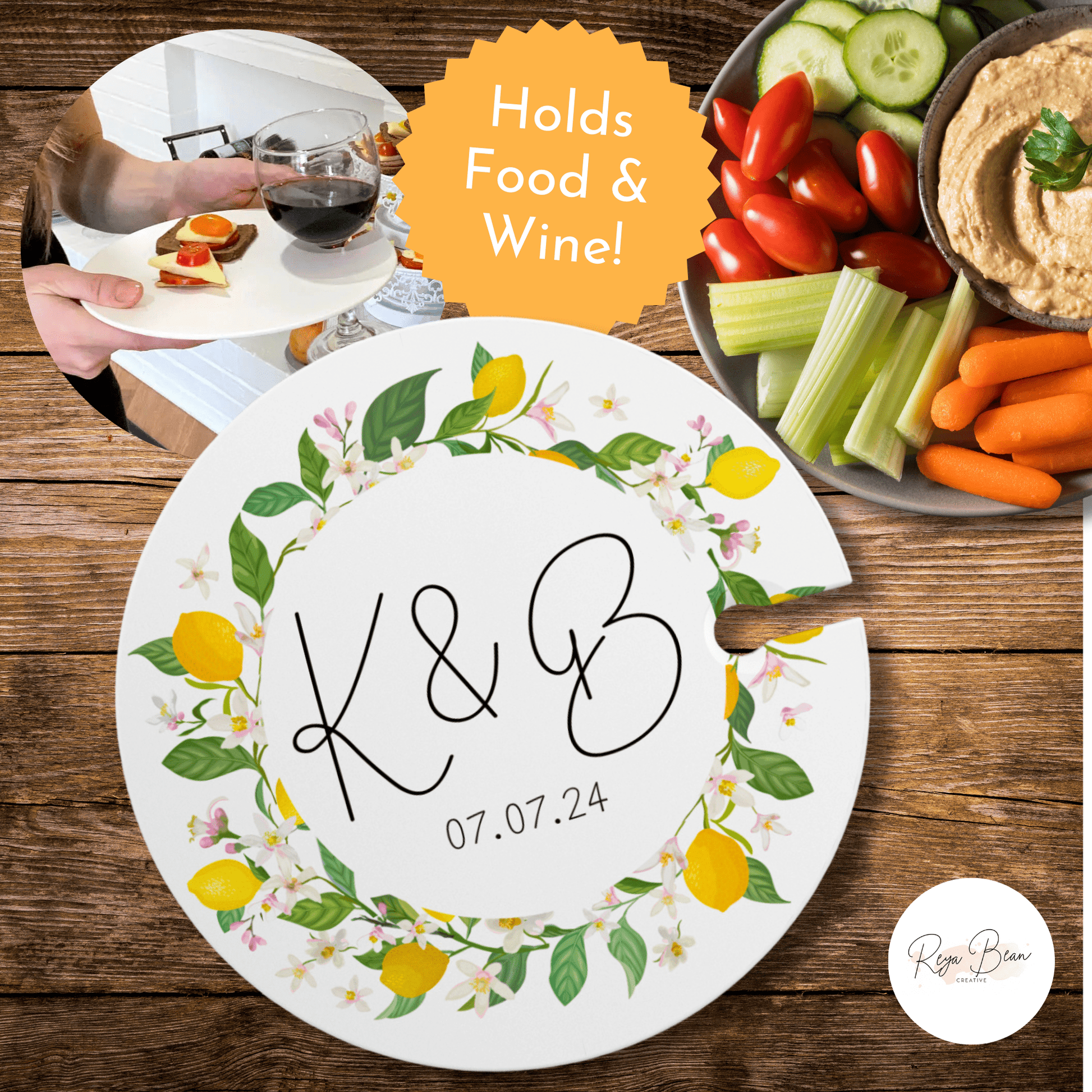 Custom Bright Floral Wedding Cocktail Hour Appetizer Wine Glass Holder and Lemon Wreath Food Plate, Personalized Wedding Date and Couple's Initials, Unique Couple Gift Wedding Day