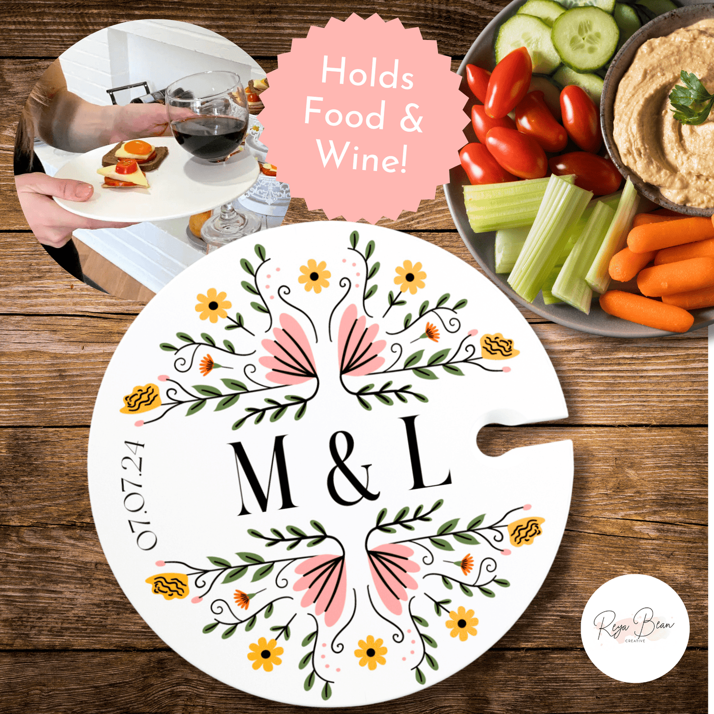 Custom Wedding Cocktail Hour Appetizer Wine Glass Holder Food Plate, Personalized Wedding Date Couple's Initials, Unique Anniversary Gift Wedding Day