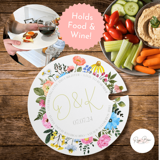 Custom Bright Floral Wedding Cocktail Hour Appetizer Wine Glass Holder and Food Plate, Personalized Wedding Date and Couple's Initials, Unique Couple Gift Wedding Day