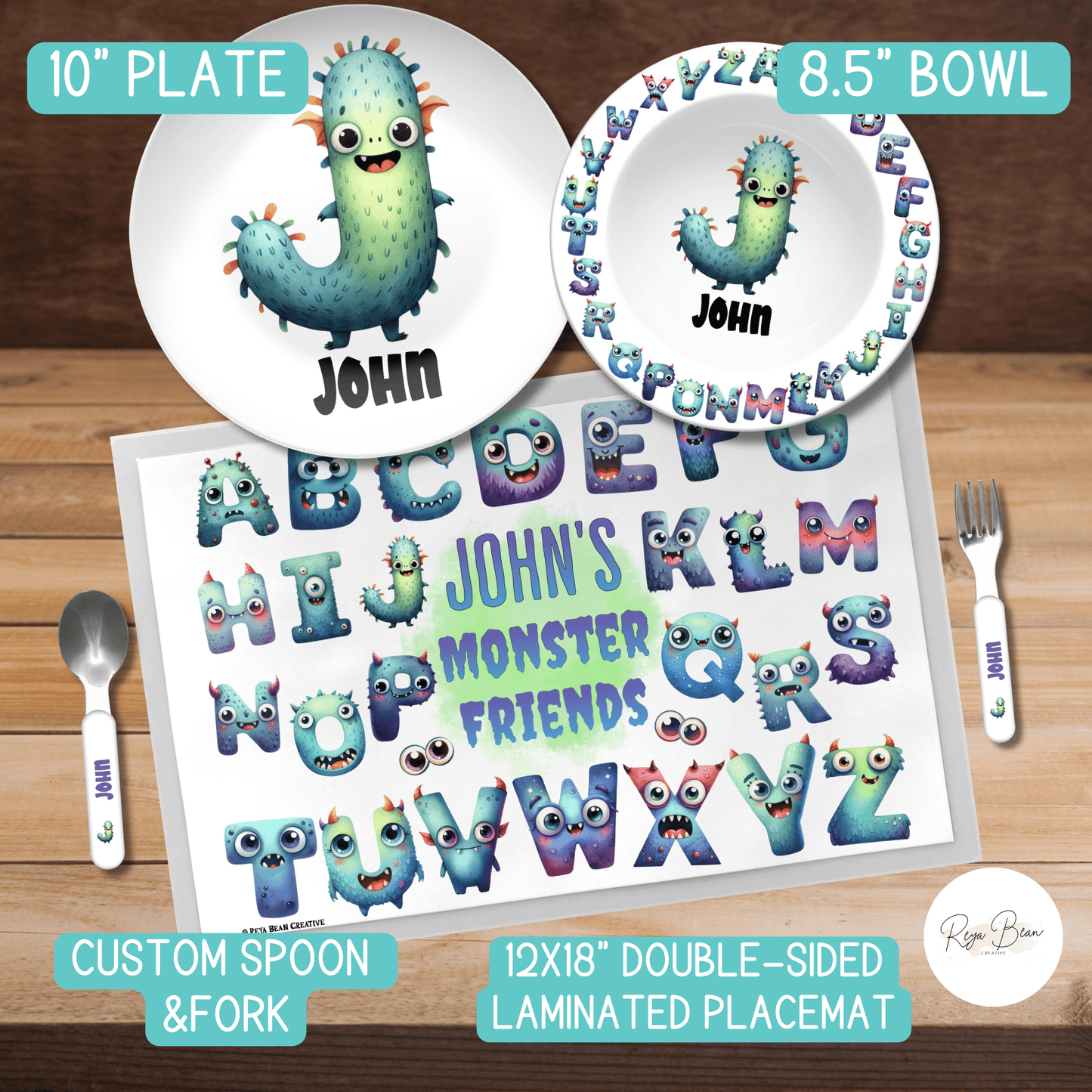 Custom Cute Monster Alphabet BPA-Free Dinnerware Set - Plate Bowl Placemat Fork and Spoon 