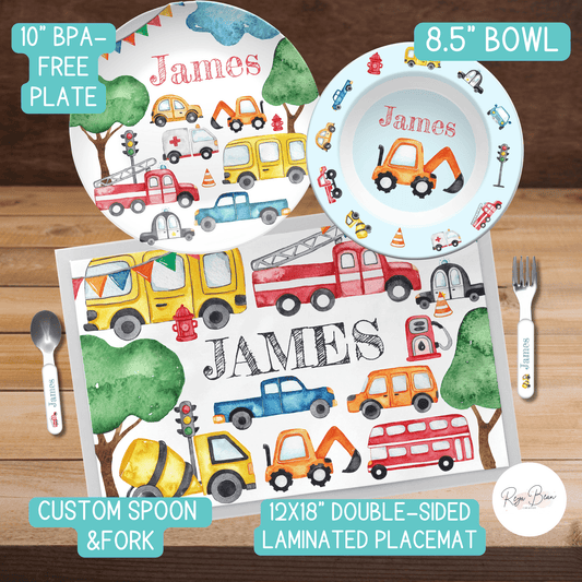 Custom Kids Plate Vehicles Cars Dinnerware Set, Silverware Placemat Child's Name, Transportation Theme Unbreakable Set for Child, BPA-Free