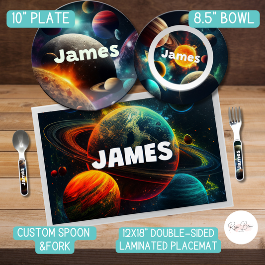 Custom Kids Outer Space, Plate Bowl Placemat Dining Set, Fork Spoon Child's Name, Planet Theme Unbreakable Plate Set for Child, BPA-Free