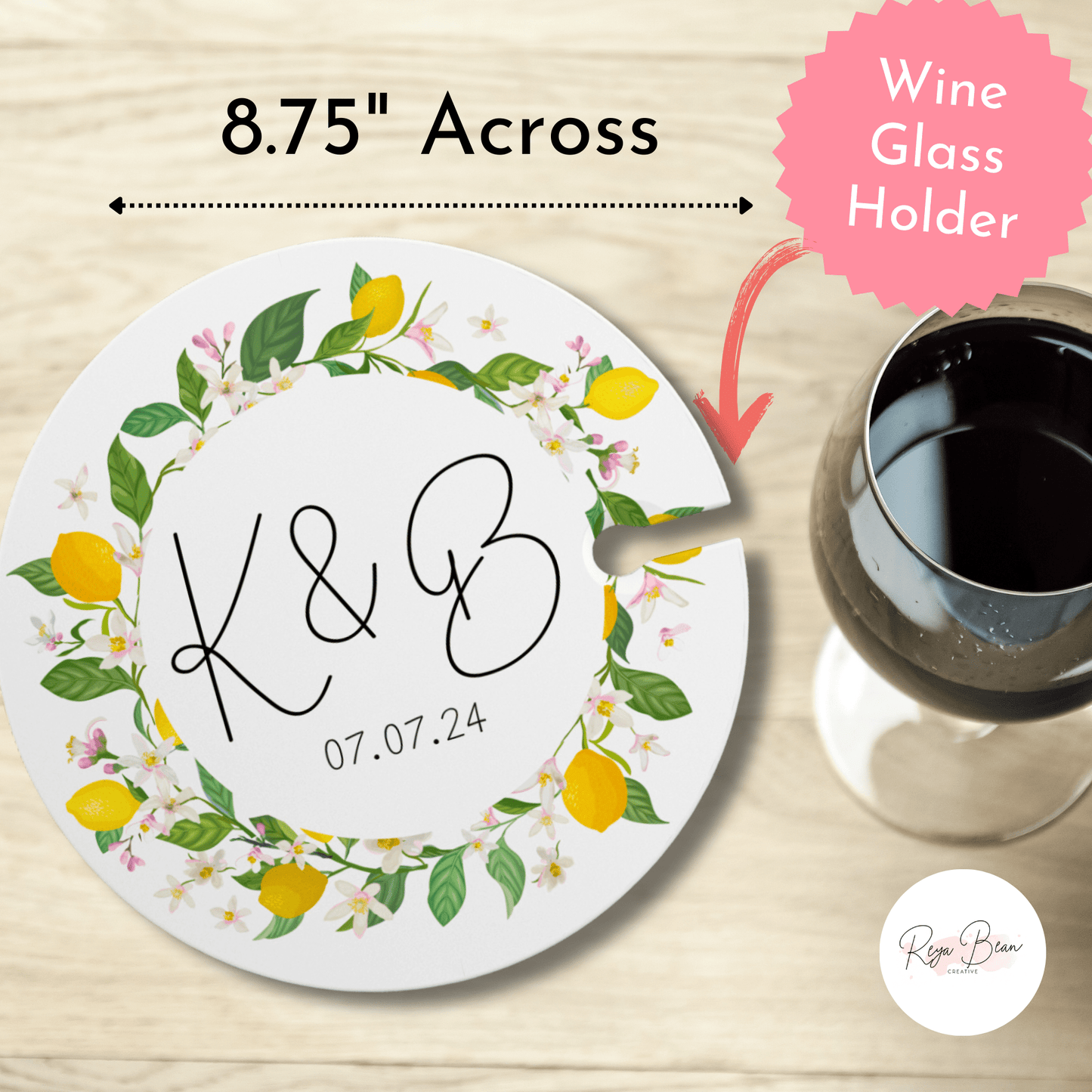 Custom Bright Floral Wedding Cocktail Hour Appetizer Wine Glass Holder and Lemon Wreath Food Plate, Personalized Wedding Date and Couple's Initials, Unique Couple Gift Wedding Day