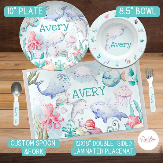 Custom Kids Narwhal Ocean Creatures Dinnerware Set - Unbreakable & BPA-Free