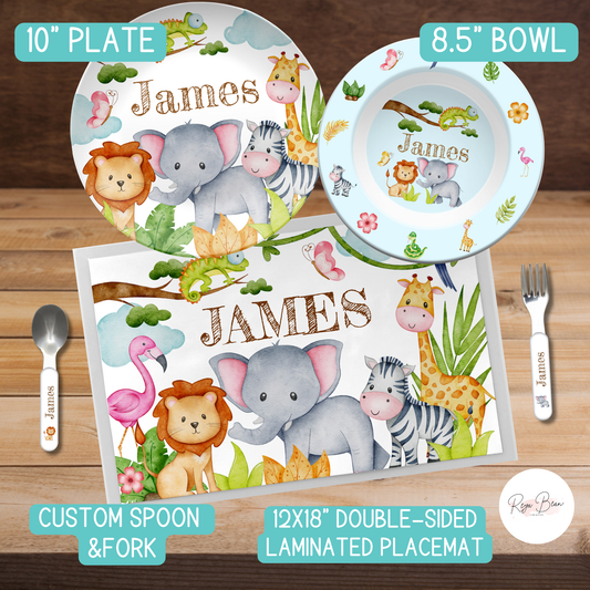 Custom Kids Safari Adventure BPA-Free Dining Set for Kids (plate, bowl, placemat, silverware)