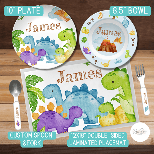 Custom Dinosaur Plate Bowl Placemat Fork and Spoon Kid's Name, Dinosaur Theme Unbreakable Plate Set for Child, BPA-Free Kids' Dining Set